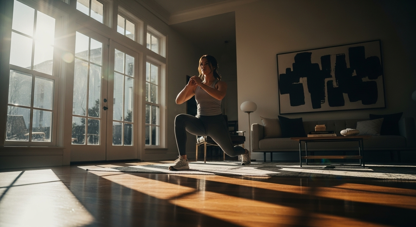 Mulher executando afundo em casa para fortalecer as pernas