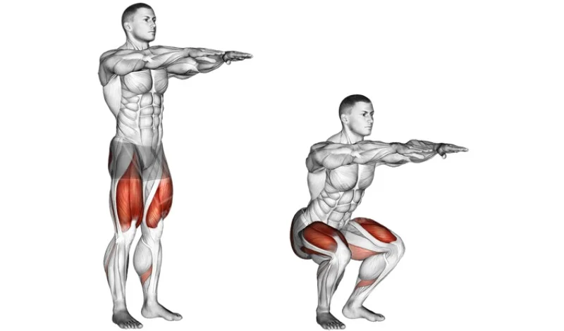 Homem fazendo agachamento em casa para fortalecimento das pernas